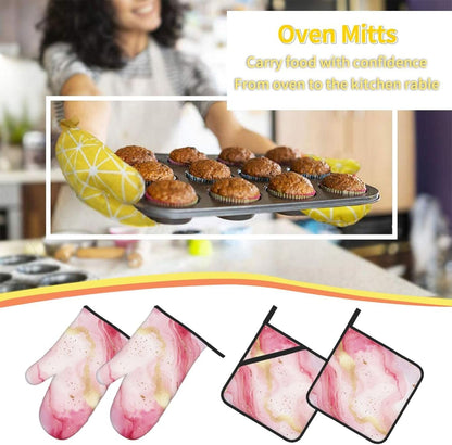 Oven Mitts and Pot Holders Set Pastel Light Pink Marble Heat Resistant Kitchen Gloves 2 Oven Mitts and 2 Pot Holders for Cooking Baking BBQ
