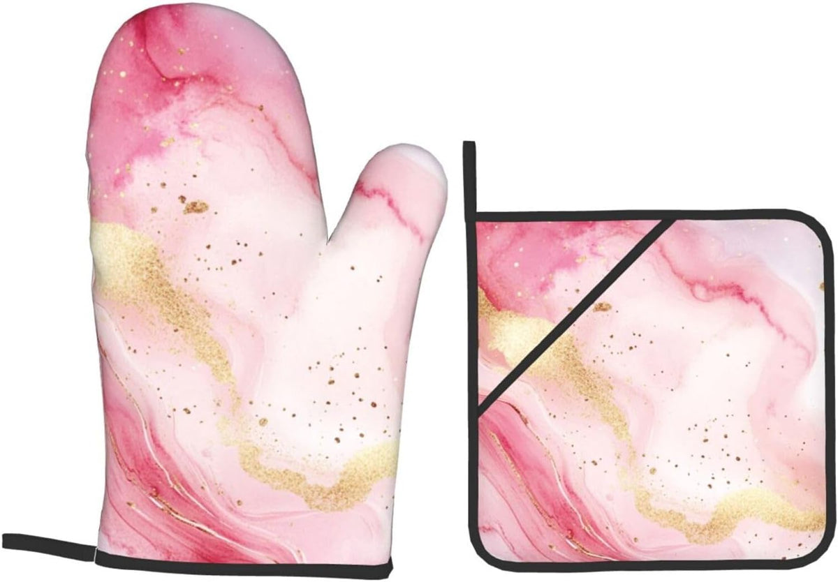 Oven Mitts and Pot Holders Set Pastel Light Pink Marble Heat Resistant Kitchen Gloves 2 Oven Mitts and 2 Pot Holders for Cooking Baking BBQ