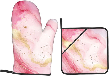Oven Mitts and Pot Holders Set Pastel Light Pink Marble Heat Resistant Kitchen Gloves 2 Oven Mitts and 2 Pot Holders for Cooking Baking BBQ