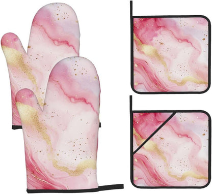 Oven Mitts and Pot Holders Set Pastel Light Pink Marble Heat Resistant Kitchen Gloves 2 Oven Mitts and 2 Pot Holders for Cooking Baking BBQ