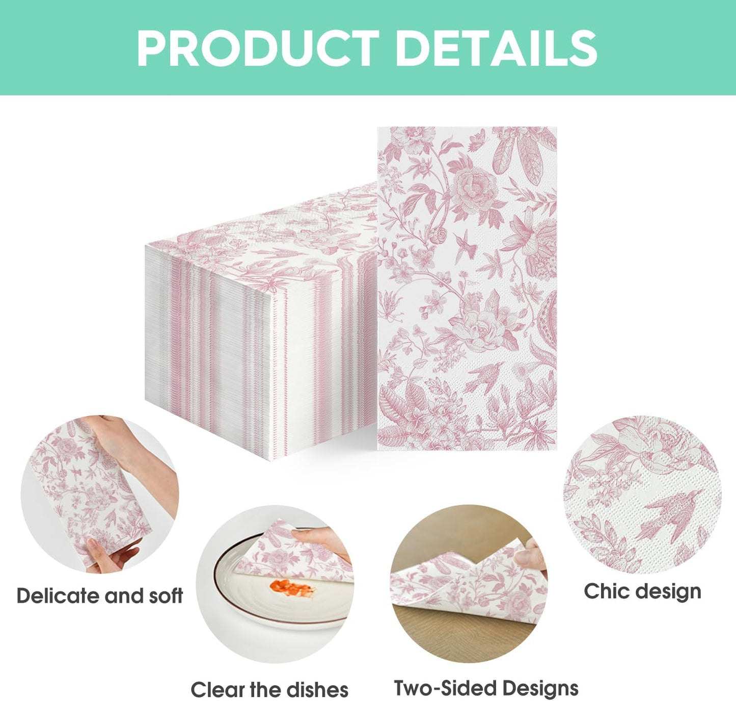 Horaldaily 50 Spring Summer Disposable Paper Decorative Guest Pink Napkins, Pink Flowers Hand Towel for Party Lunch Dinner Kitchen Bathroom Decoration