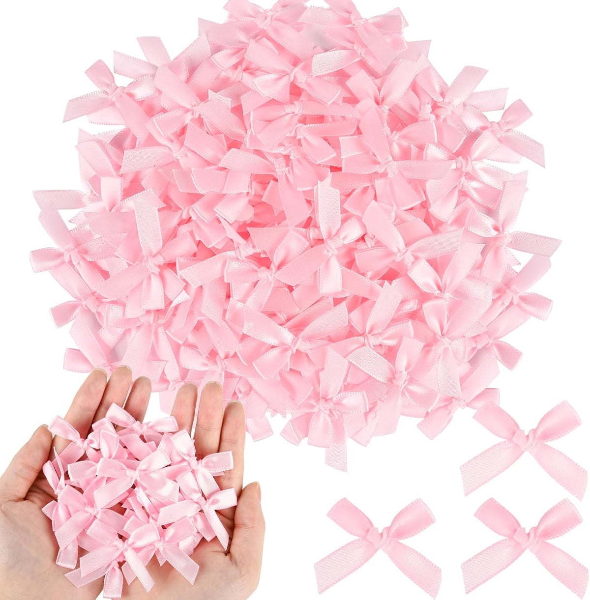 100 Pcs Mini Pink Satin Fabric Ribbons Bows with Dot Stickers