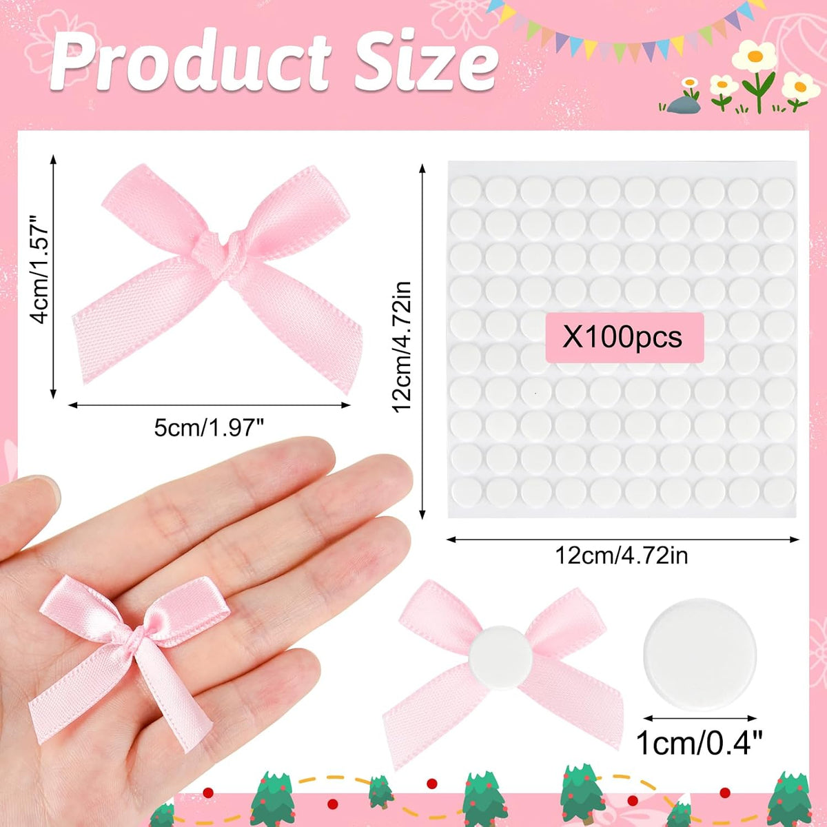 100 Pcs Mini Pink Satin Fabric Ribbons Bows with Dot Stickers