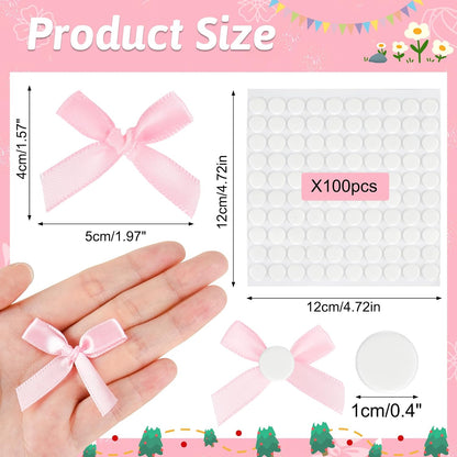 100 Pcs Mini Pink Satin Fabric Ribbons Bows with Dot Stickers