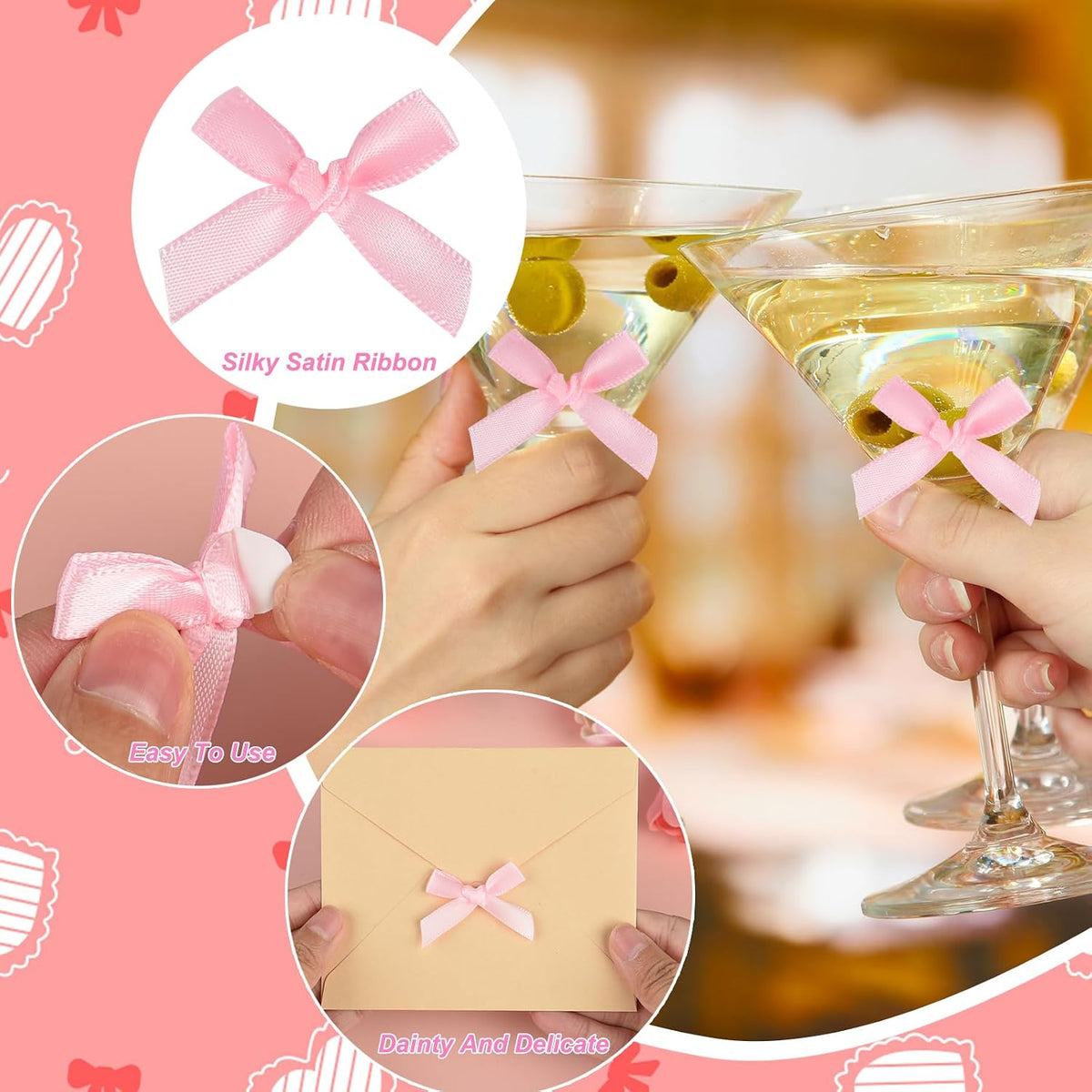 100 Pcs Mini Pink Satin Fabric Ribbons Bows with Dot Stickers