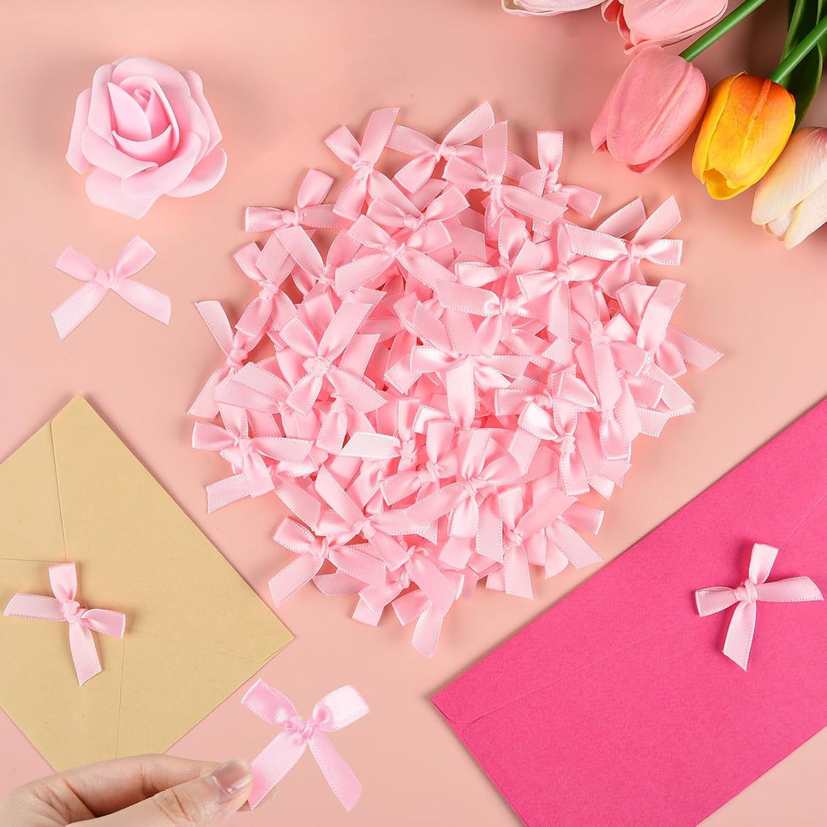 100 Pcs Mini Pink Satin Fabric Ribbons Bows with Dot Stickers