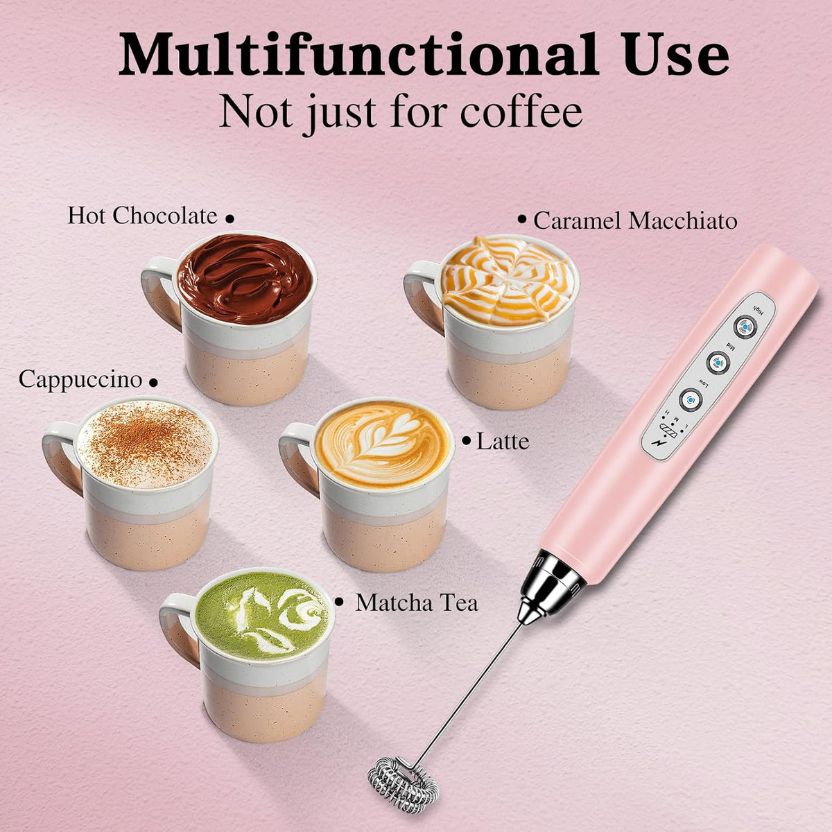 Milk Frother Wand Rechargeable Handheld Whisk Coffee 3 Speed Adjustable