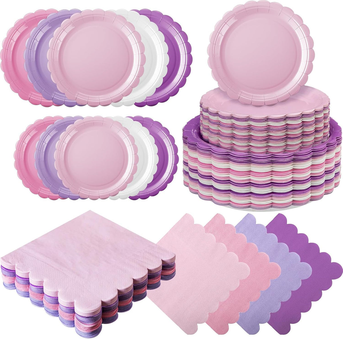 110 Pcs Pink Purple Plates and Napkins Tableware Set Serve 25 Guests Includes Scalloped 9" 7" Paper Dessert Dinner Plate Pastel Series Napkins for Spring Birthday Wedding Baby Shower Tea Party
