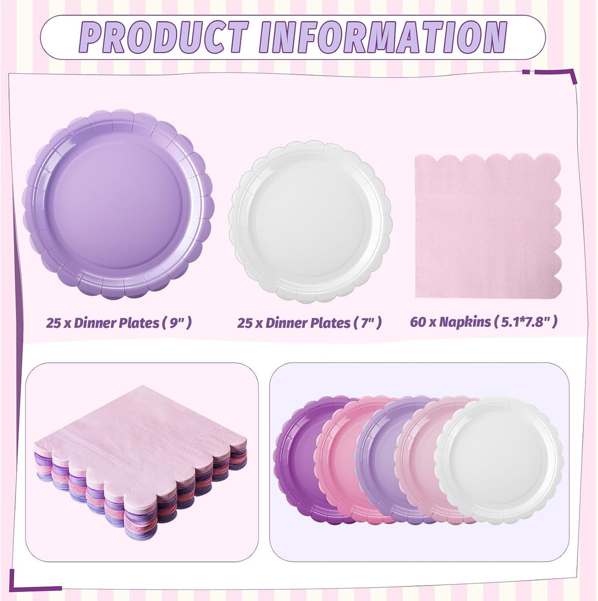 110 Pcs Pink Purple Plates and Napkins Tableware Set Serve 25 Guests Includes Scalloped 9" 7" Paper Dessert Dinner Plate Pastel Series Napkins for Spring Birthday Wedding Baby Shower Tea Party