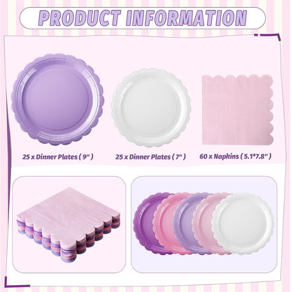 110 Pcs Pink Purple Plates and Napkins Tableware Set Serve 25 Guests Includes Scalloped 9" 7" Paper Dessert Dinner Plate Pastel Series Napkins for Spring Birthday Wedding Baby Shower Tea Party