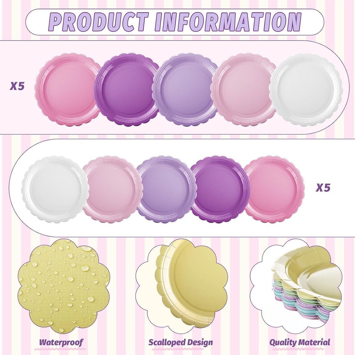 110 Pcs Pink Purple Plates and Napkins Tableware Set Serve 25 Guests Includes Scalloped 9" 7" Paper Dessert Dinner Plate Pastel Series Napkins for Spring Birthday Wedding Baby Shower Tea Party