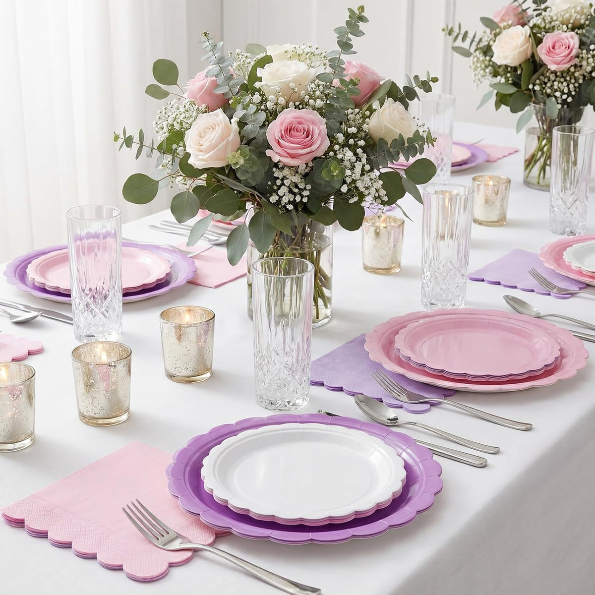 110 Pcs Pink Purple Plates and Napkins Tableware Set Serve 25 Guests Includes Scalloped 9" 7" Paper Dessert Dinner Plate Pastel Series Napkins for Spring Birthday Wedding Baby Shower Tea Party