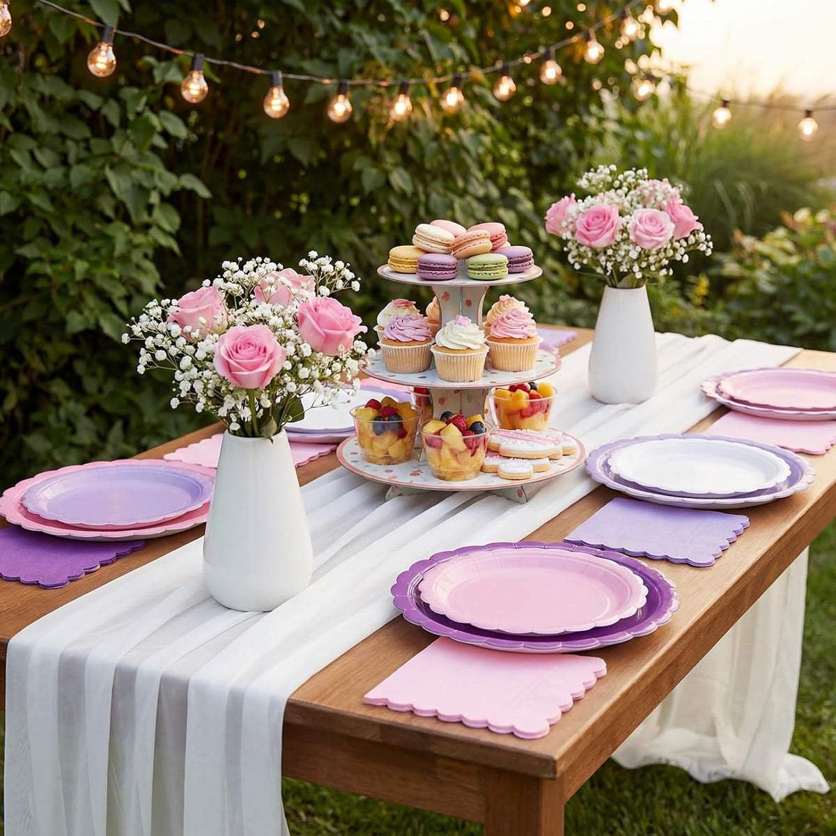 110 Pcs Pink Purple Plates and Napkins Tableware Set Serve 25 Guests Includes Scalloped 9" 7" Paper Dessert Dinner Plate Pastel Series Napkins for Spring Birthday Wedding Baby Shower Tea Party