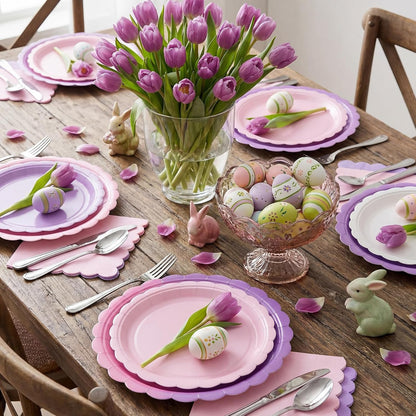 110 Pcs Pink Purple Plates and Napkins Tableware Set Serve 25 Guests Includes Scalloped 9" 7" Paper Dessert Dinner Plate Pastel Series Napkins for Spring Birthday Wedding Baby Shower Tea Party
