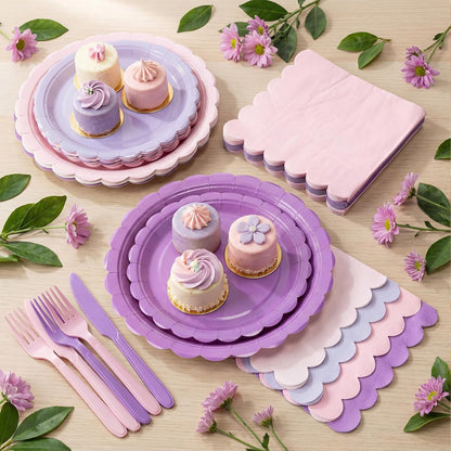 110 Pcs Pink Purple Plates and Napkins Tableware Set Serve 25 Guests Includes Scalloped 9" 7" Paper Dessert Dinner Plate Pastel Series Napkins for Spring Birthday Wedding Baby Shower Tea Party