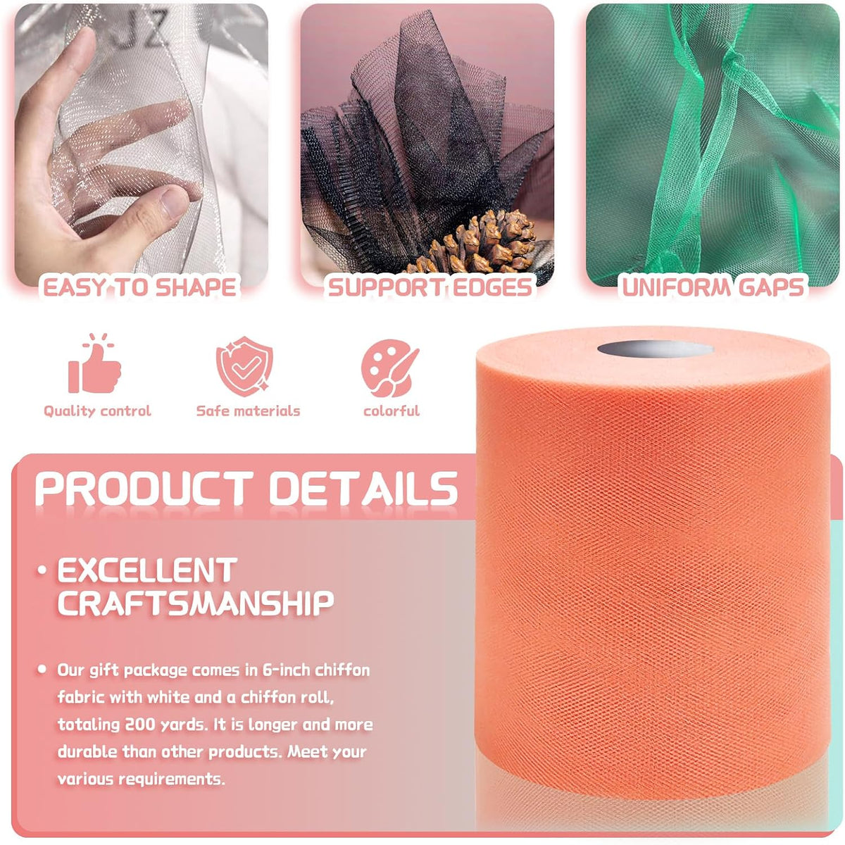 6" x 200 Yards Peach Tulle Fabric Roll for DIY Tutu & Wrapping, Party Decor