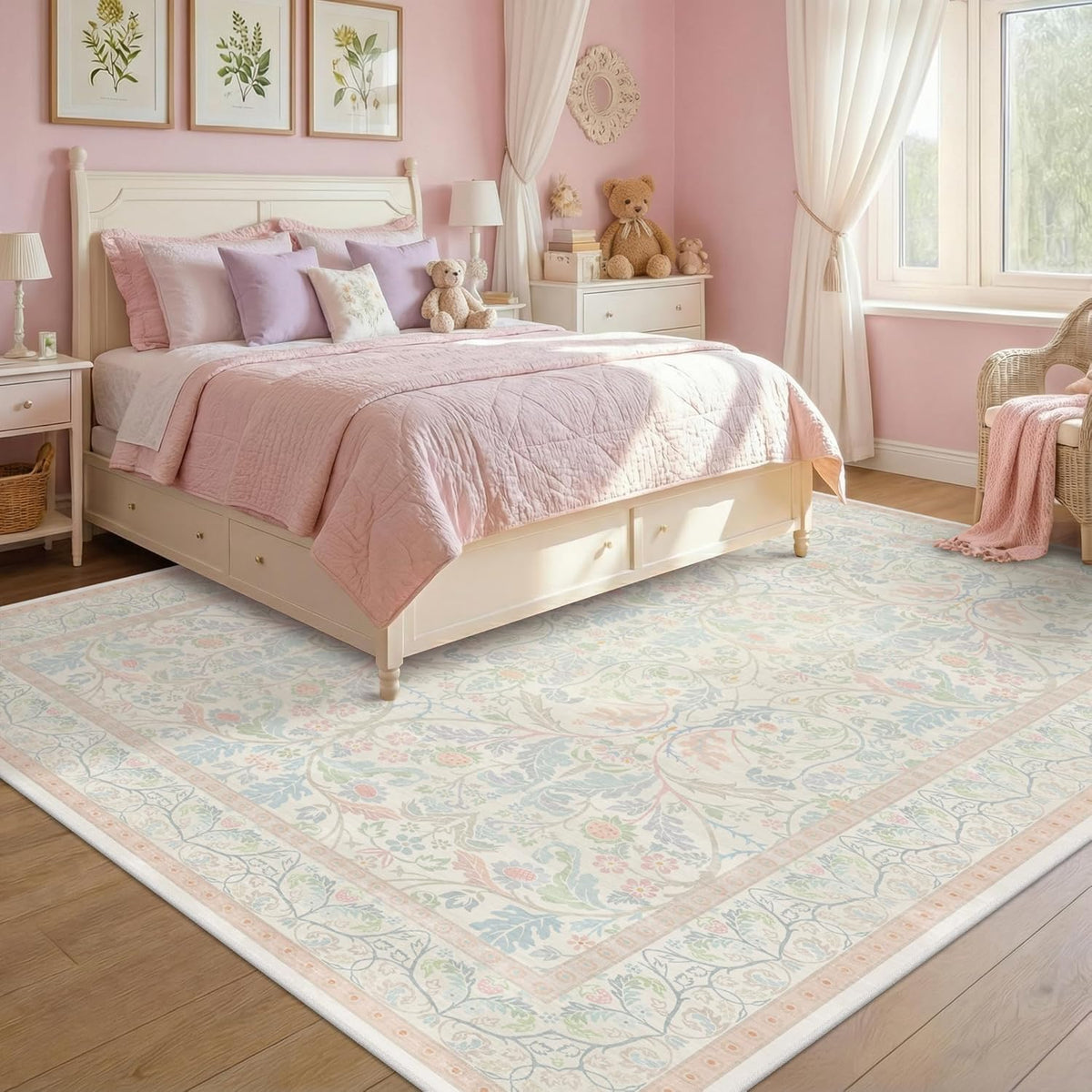 Large 8x10 Floral Cute Oushak Rug for Bedroom, Pink and Blue Washable French Country Area Rug Living Room, Low Pile & Soft Thin Carpet with Botanical and Wildflower Pattern (Cream & Pink)