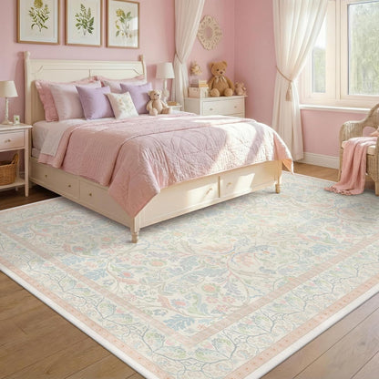 Large 8x10 Floral Cute Oushak Rug for Bedroom, Pink and Blue Washable French Country Area Rug Living Room, Low Pile & Soft Thin Carpet with Botanical and Wildflower Pattern (Cream & Pink)