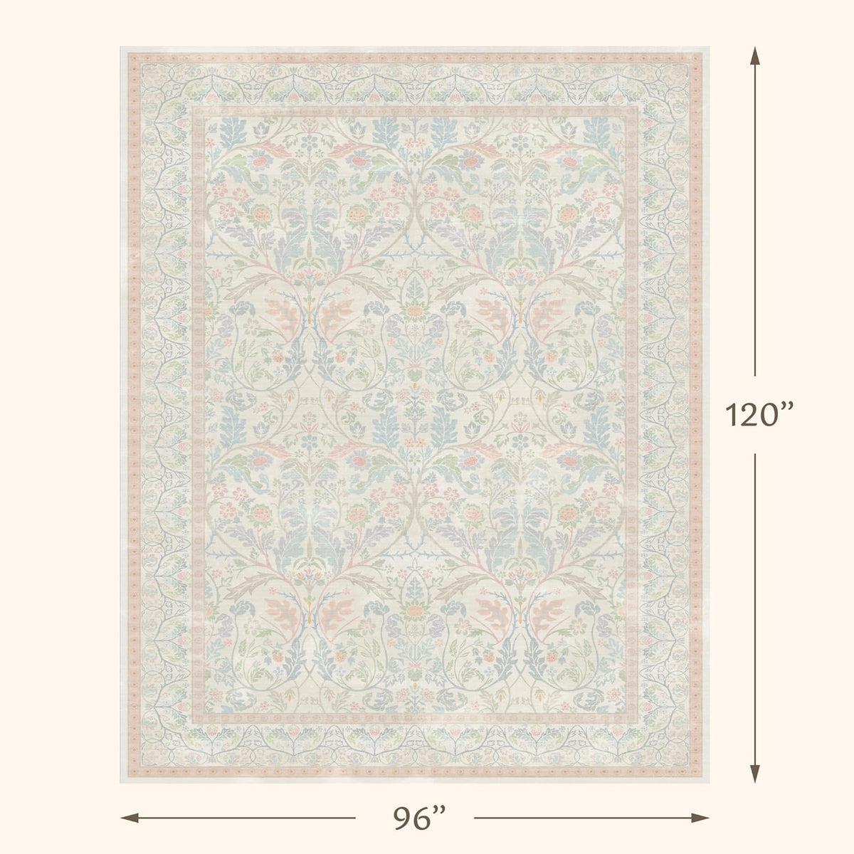 Large 8x10 Floral Cute Oushak Rug for Bedroom, Pink and Blue Washable French Country Area Rug Living Room, Low Pile & Soft Thin Carpet with Botanical and Wildflower Pattern (Cream & Pink)