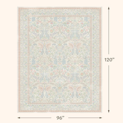 Large 8x10 Floral Cute Oushak Rug for Bedroom, Pink and Blue Washable French Country Area Rug Living Room, Low Pile & Soft Thin Carpet with Botanical and Wildflower Pattern (Cream & Pink)