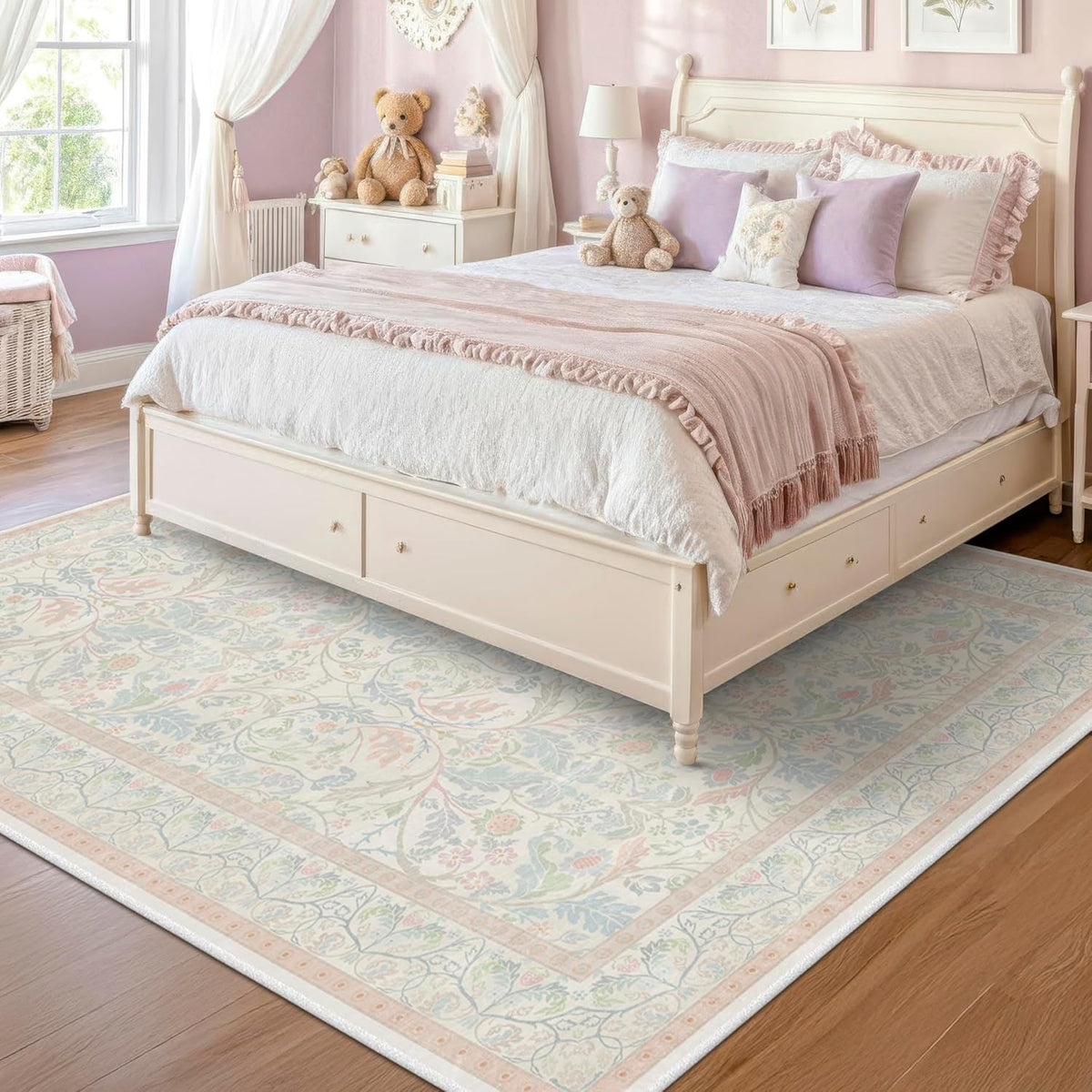 Large 8x10 Floral Cute Oushak Rug for Bedroom, Pink and Blue Washable French Country Area Rug Living Room, Low Pile & Soft Thin Carpet with Botanical and Wildflower Pattern (Cream & Pink)