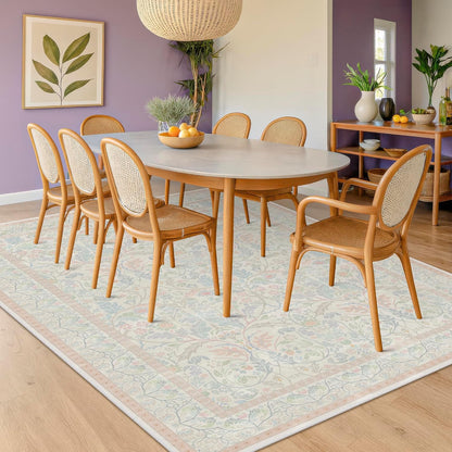 Large 8x10 Floral Cute Oushak Rug for Bedroom, Pink and Blue Washable French Country Area Rug Living Room, Low Pile & Soft Thin Carpet with Botanical and Wildflower Pattern (Cream & Pink)