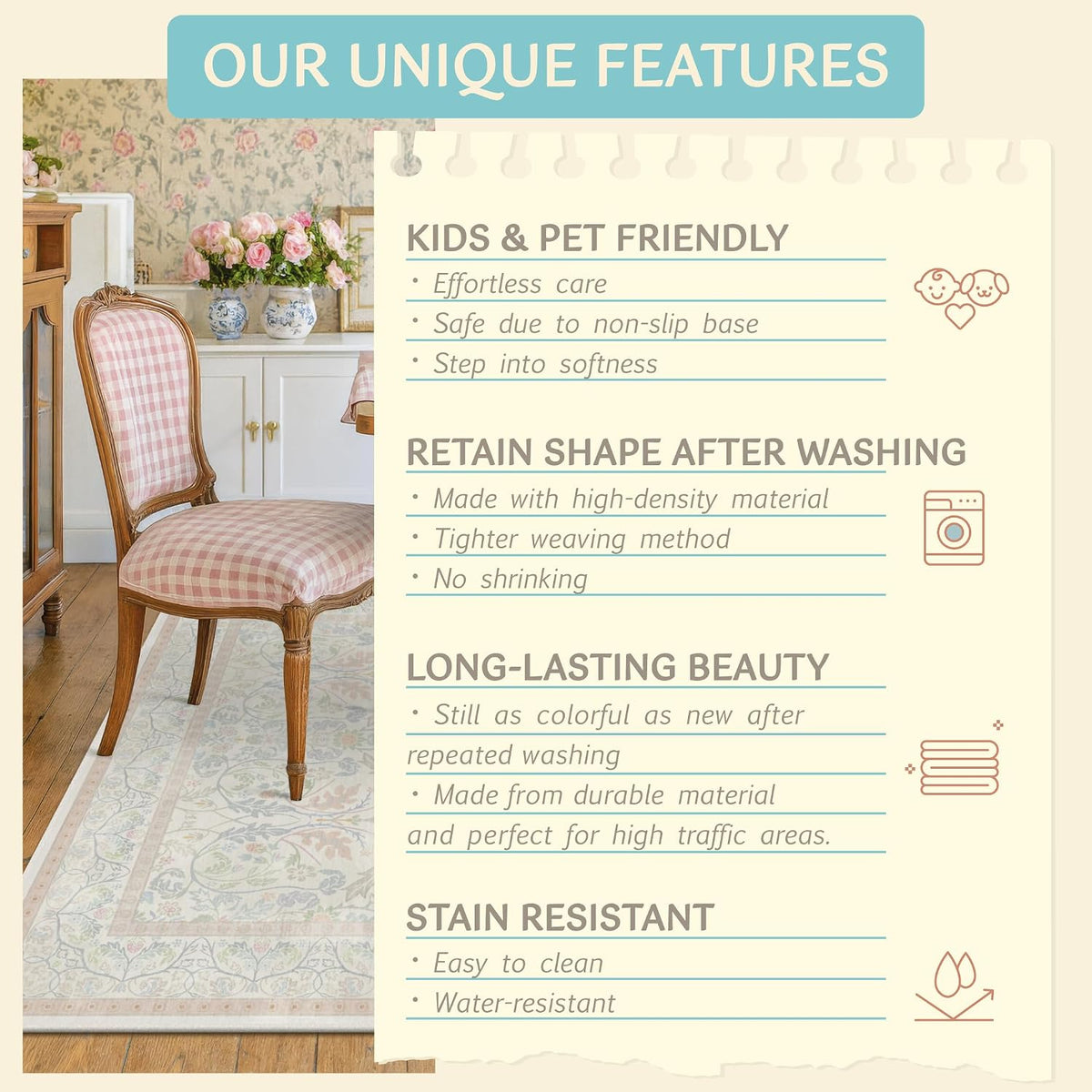 Large 8x10 Floral Cute Oushak Rug for Bedroom, Pink and Blue Washable French Country Area Rug Living Room, Low Pile & Soft Thin Carpet with Botanical and Wildflower Pattern (Cream & Pink)