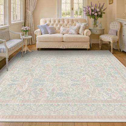 Large 8x10 Floral Cute Oushak Rug for Bedroom, Pink and Blue Washable French Country Area Rug Living Room, Low Pile & Soft Thin Carpet with Botanical and Wildflower Pattern (Cream & Pink)