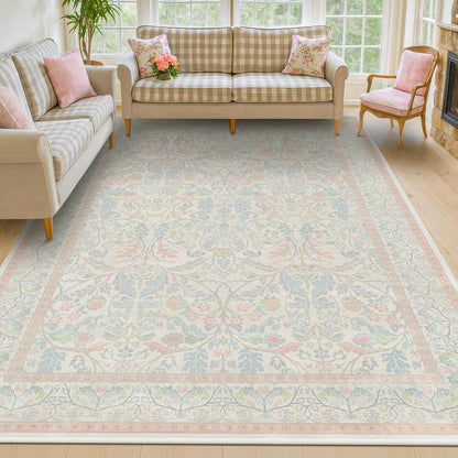 Large 8x10 Floral Cute Oushak Rug for Bedroom, Pink and Blue Washable French Country Area Rug Living Room, Low Pile & Soft Thin Carpet with Botanical and Wildflower Pattern (Cream & Pink)