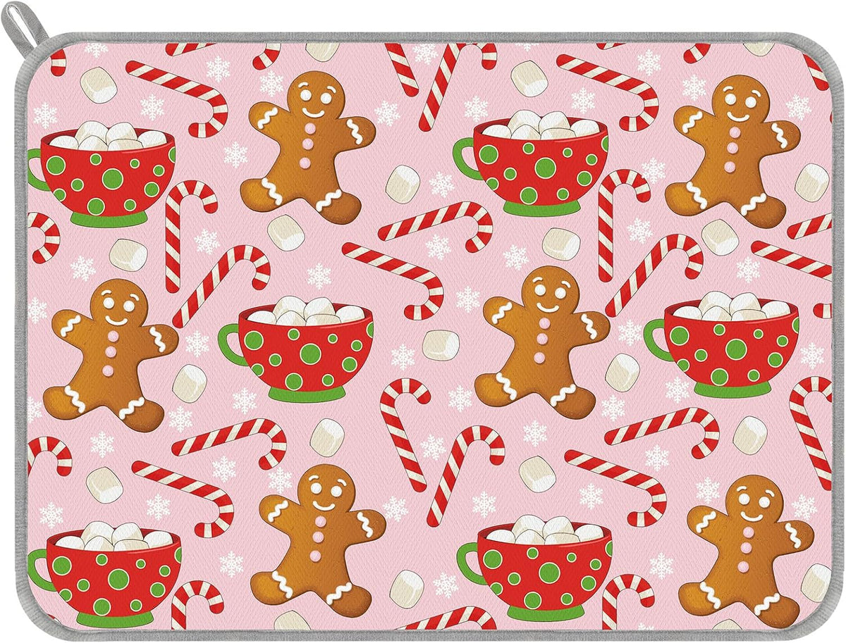 Christmas Dish Drying Mat Pink Gingerbread Candy Cane Absorbent Dish Drainer Protector Pad for Xmas Winter Kitchen Countertop Tableware Decor, 18 x 24 Inch