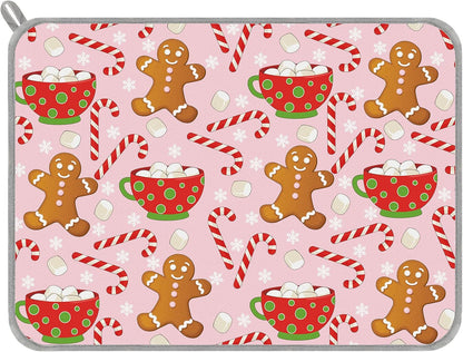 Christmas Dish Drying Mat Pink Gingerbread Candy Cane Absorbent Dish Drainer Protector Pad for Xmas Winter Kitchen Countertop Tableware Decor, 18 x 24 Inch