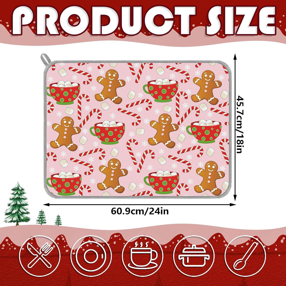 Christmas Dish Drying Mat Pink Gingerbread Candy Cane Absorbent Dish Drainer Protector Pad for Xmas Winter Kitchen Countertop Tableware Decor, 18 x 24 Inch