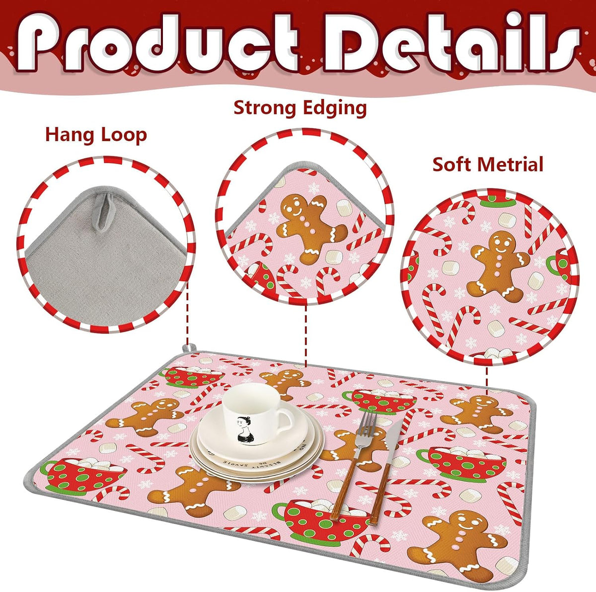 Christmas Dish Drying Mat Pink Gingerbread Candy Cane Absorbent Dish Drainer Protector Pad for Xmas Winter Kitchen Countertop Tableware Decor, 18 x 24 Inch