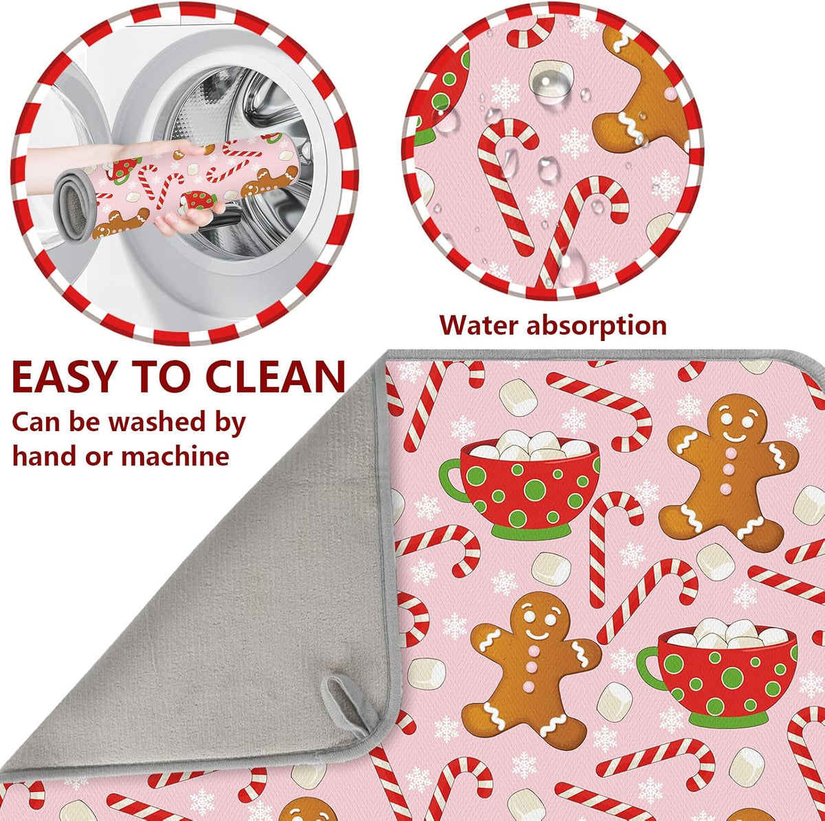 Christmas Dish Drying Mat Pink Gingerbread Candy Cane Absorbent Dish Drainer Protector Pad for Xmas Winter Kitchen Countertop Tableware Decor, 18 x 24 Inch