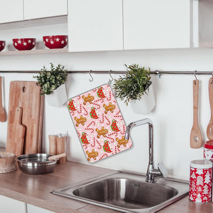 Christmas Dish Drying Mat Pink Gingerbread Candy Cane Absorbent Dish Drainer Protector Pad for Xmas Winter Kitchen Countertop Tableware Decor, 18 x 24 Inch