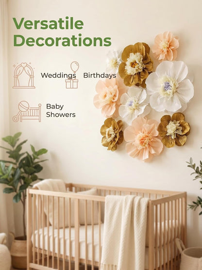 Crepe Paper Flower for Wall Psprt Pom Pom Decor Girls Birthday Party Backdrop Baby Shower Nursery Room Decoration Pack of 9 (Peach Gold White)