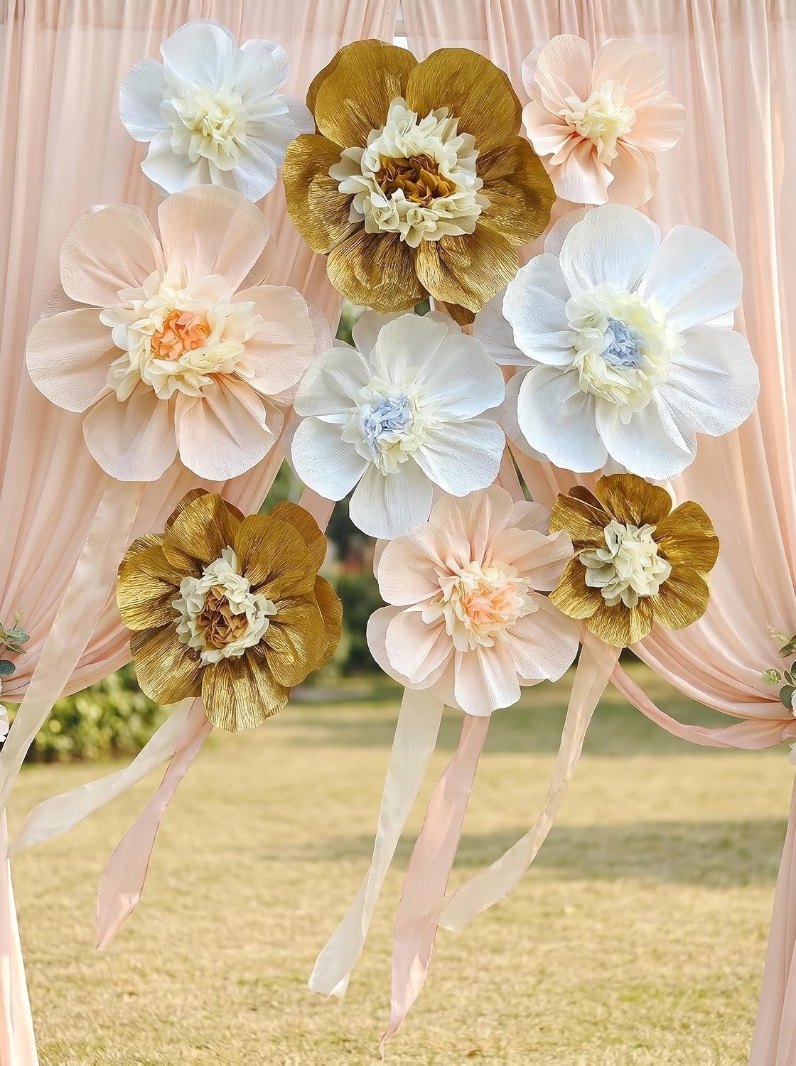 Crepe Paper Flower for Wall Psprt Pom Pom Decor Girls Birthday Party Backdrop Baby Shower Nursery Room Decoration Pack of 9 (Peach Gold White)