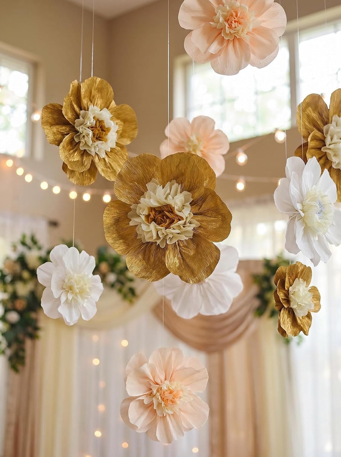 Crepe Paper Flower for Wall Psprt Pom Pom Decor Girls Birthday Party Backdrop Baby Shower Nursery Room Decoration Pack of 9 (Peach Gold White)