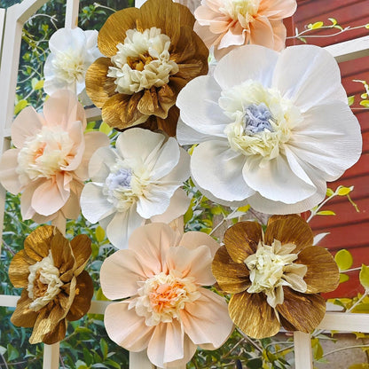 Crepe Paper Flower for Wall Psprt Pom Pom Decor Girls Birthday Party Backdrop Baby Shower Nursery Room Decoration Pack of 9 (Peach Gold White)