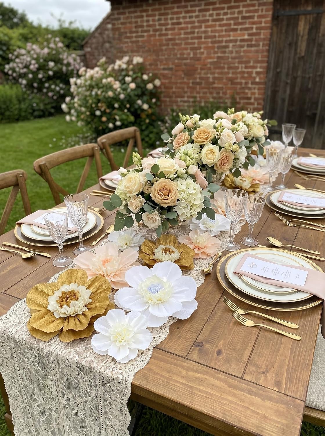 Crepe Paper Flower for Wall Psprt Pom Pom Decor Girls Birthday Party Backdrop Baby Shower Nursery Room Decoration Pack of 9 (Peach Gold White)