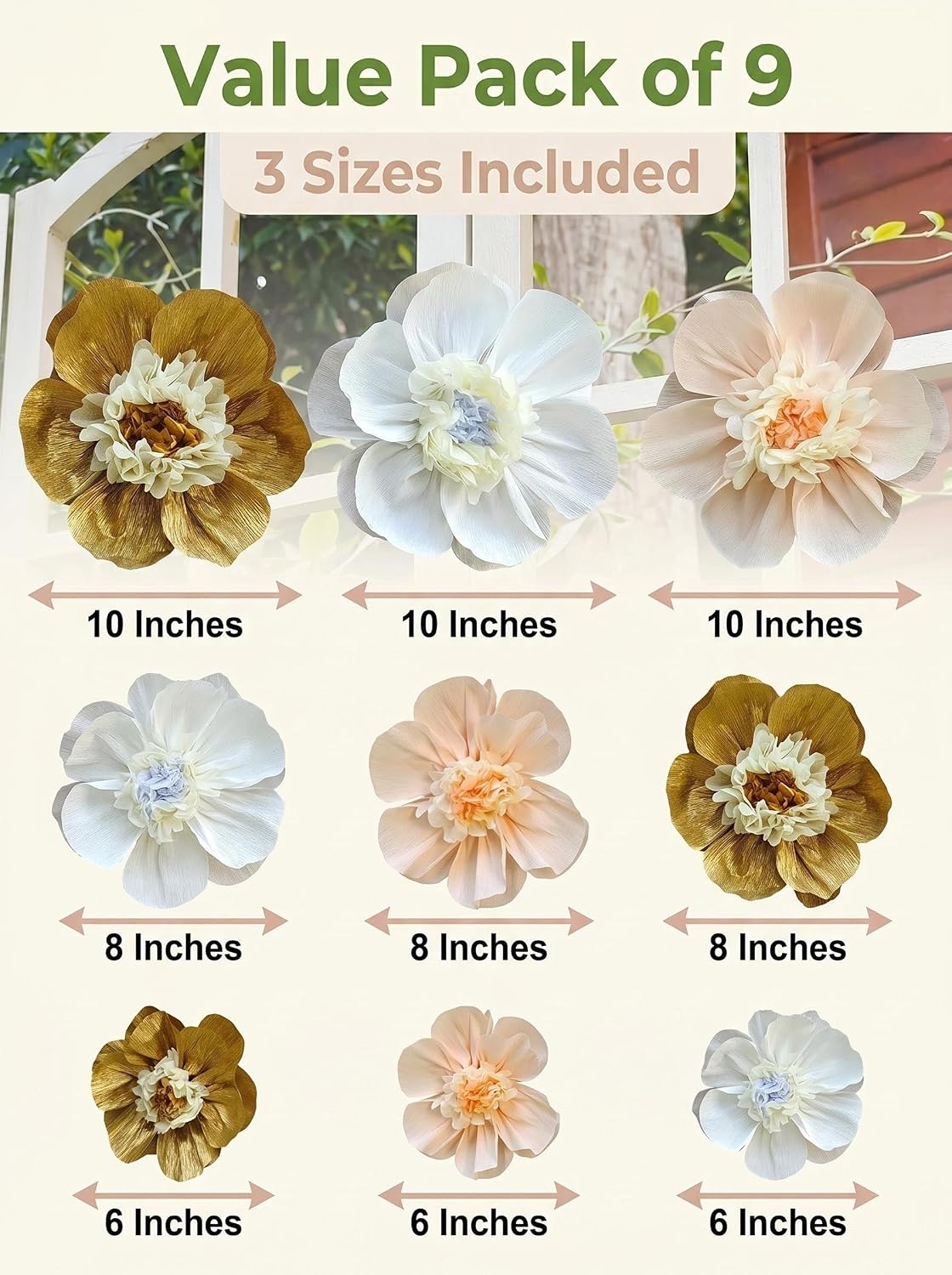 Crepe Paper Flower for Wall Psprt Pom Pom Decor Girls Birthday Party Backdrop Baby Shower Nursery Room Decoration Pack of 9 (Peach Gold White)