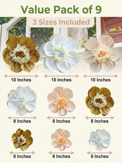 Crepe Paper Flower for Wall Psprt Pom Pom Decor Girls Birthday Party Backdrop Baby Shower Nursery Room Decoration Pack of 9 (Peach Gold White)