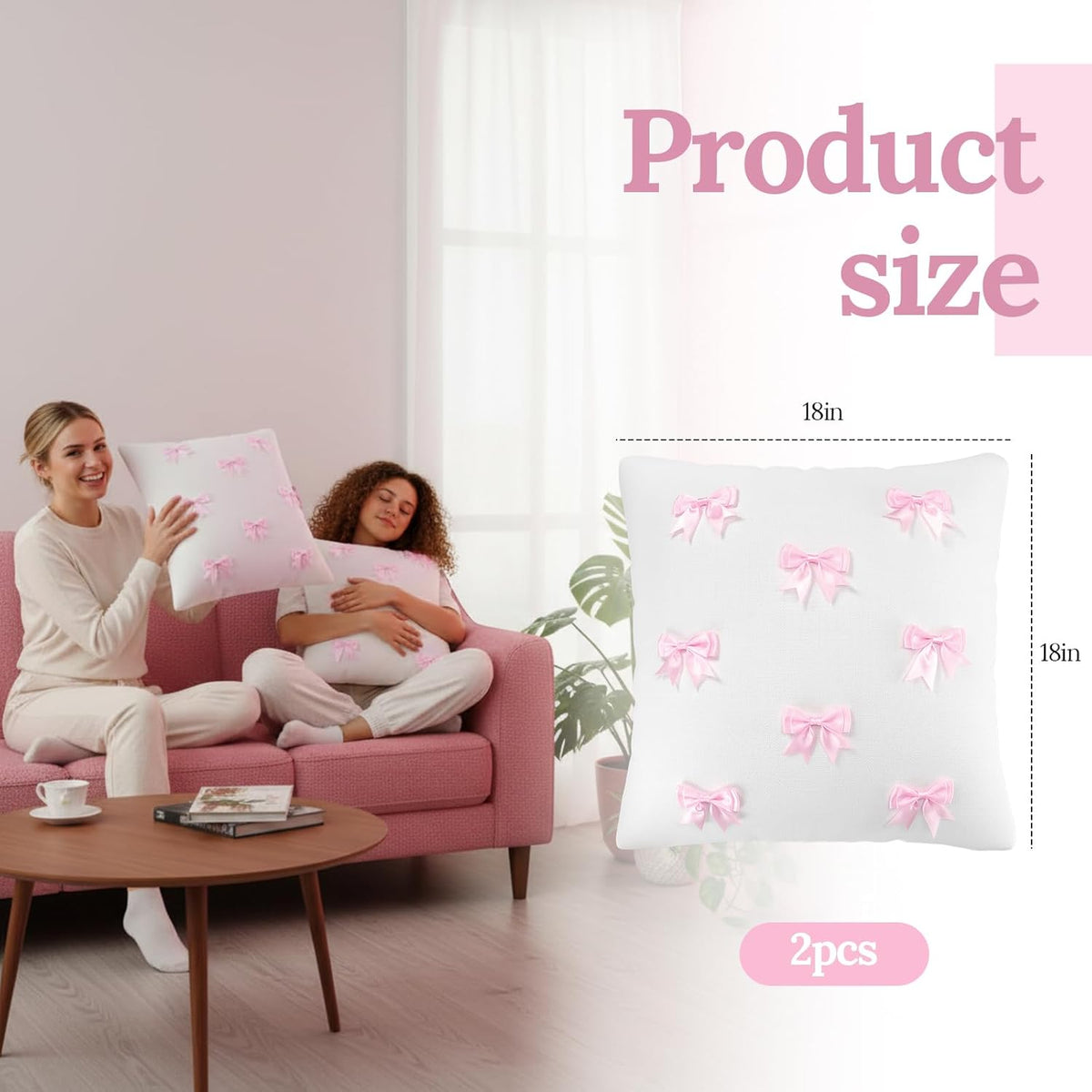 Pink 2 Pack 18 x 18 Inch Hand-Sewn Bows Pillow Covers Set