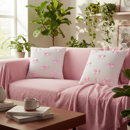 Pink 2 Pack 18 x 18 Inch Hand-Sewn Bows Pillow Covers Set