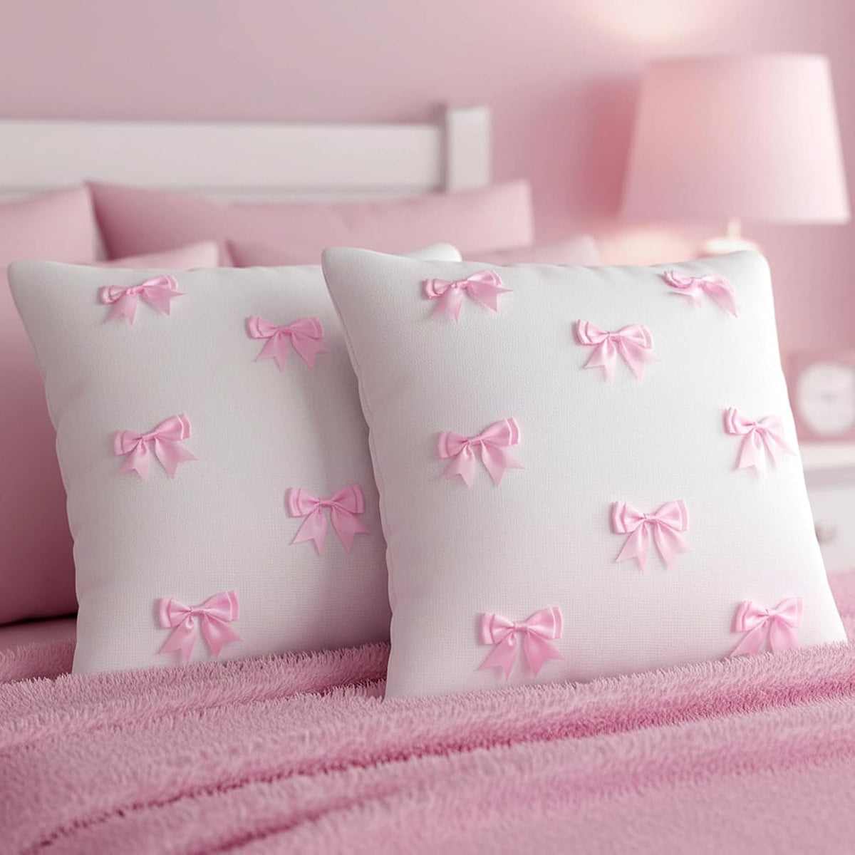 Pink 2 Pack 18 x 18 Inch Hand-Sewn Bows Pillow Covers Set