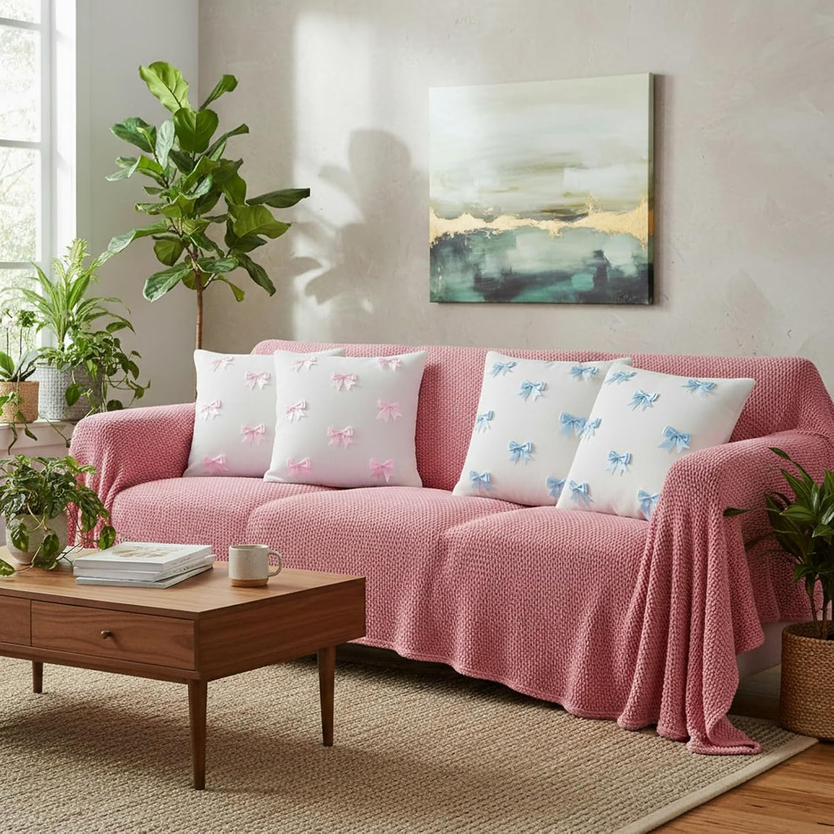 Pink 2 Pack 18 x 18 Inch Hand-Sewn Bows Pillow Covers Set