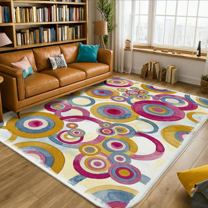 Circles Area Rug, Modern Abstract Rings Dots None Peach Low Pile Sponge Aesthetic Rectangle Home Floor Carpet Rugs for Living Room Bedroom Classroom Apartment Decor 5' X 7'