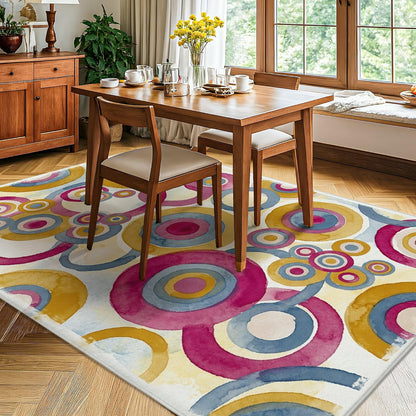 Circles Area Rug, Modern Abstract Rings Dots None Peach Low Pile Sponge Aesthetic Rectangle Home Floor Carpet Rugs for Living Room Bedroom Classroom Apartment Decor 5' X 7'