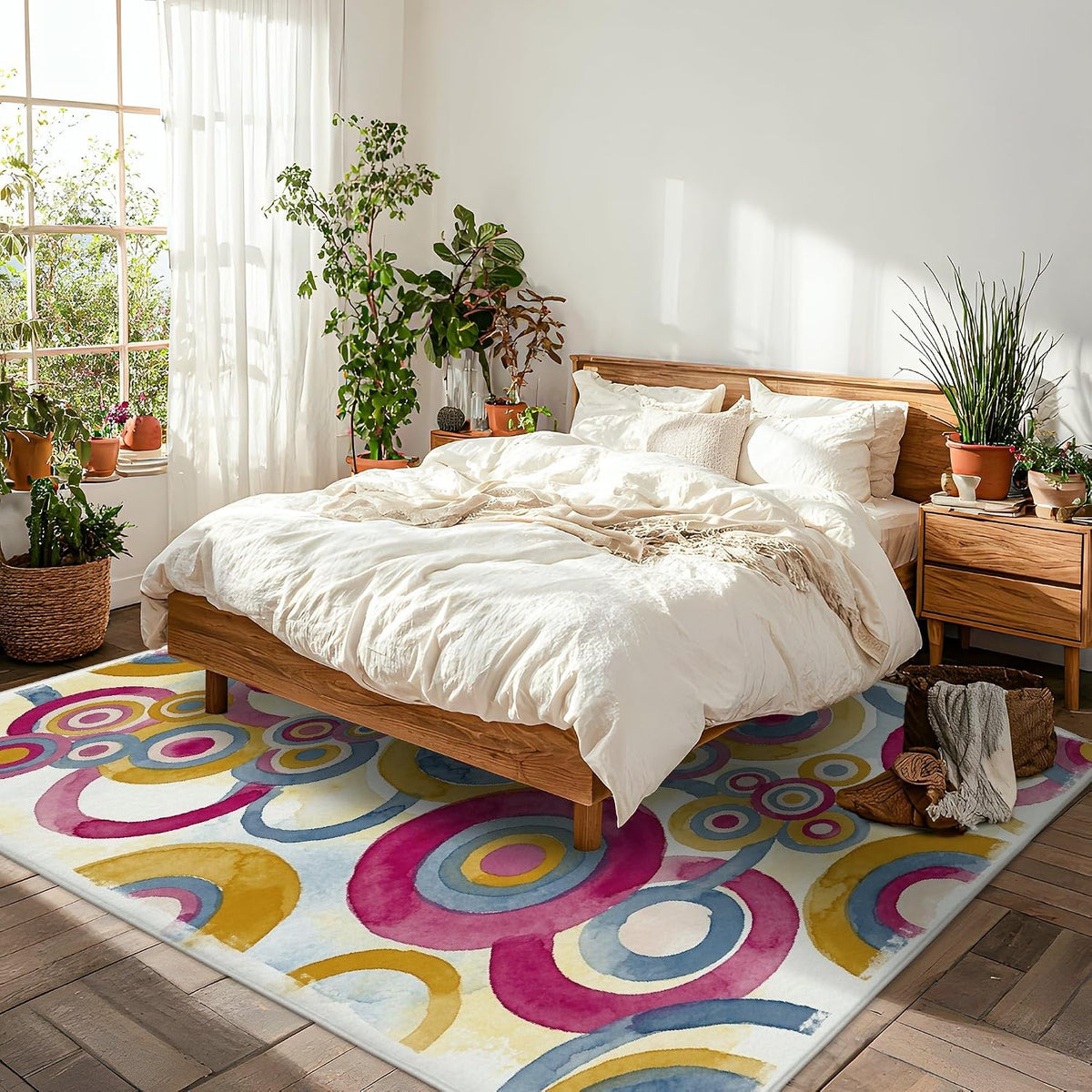 Circles Area Rug, Modern Abstract Rings Dots None Peach Low Pile Sponge Aesthetic Rectangle Home Floor Carpet Rugs for Living Room Bedroom Classroom Apartment Decor 5' X 7'