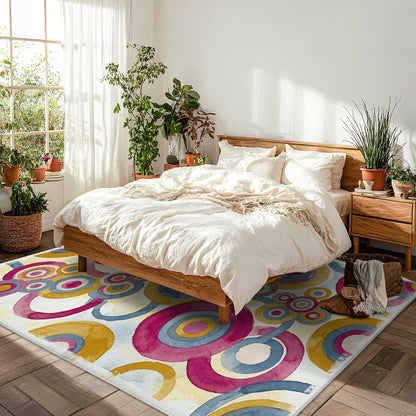 Circles Area Rug, Modern Abstract Rings Dots None Peach Low Pile Sponge Aesthetic Rectangle Home Floor Carpet Rugs for Living Room Bedroom Classroom Apartment Decor 5' X 7'